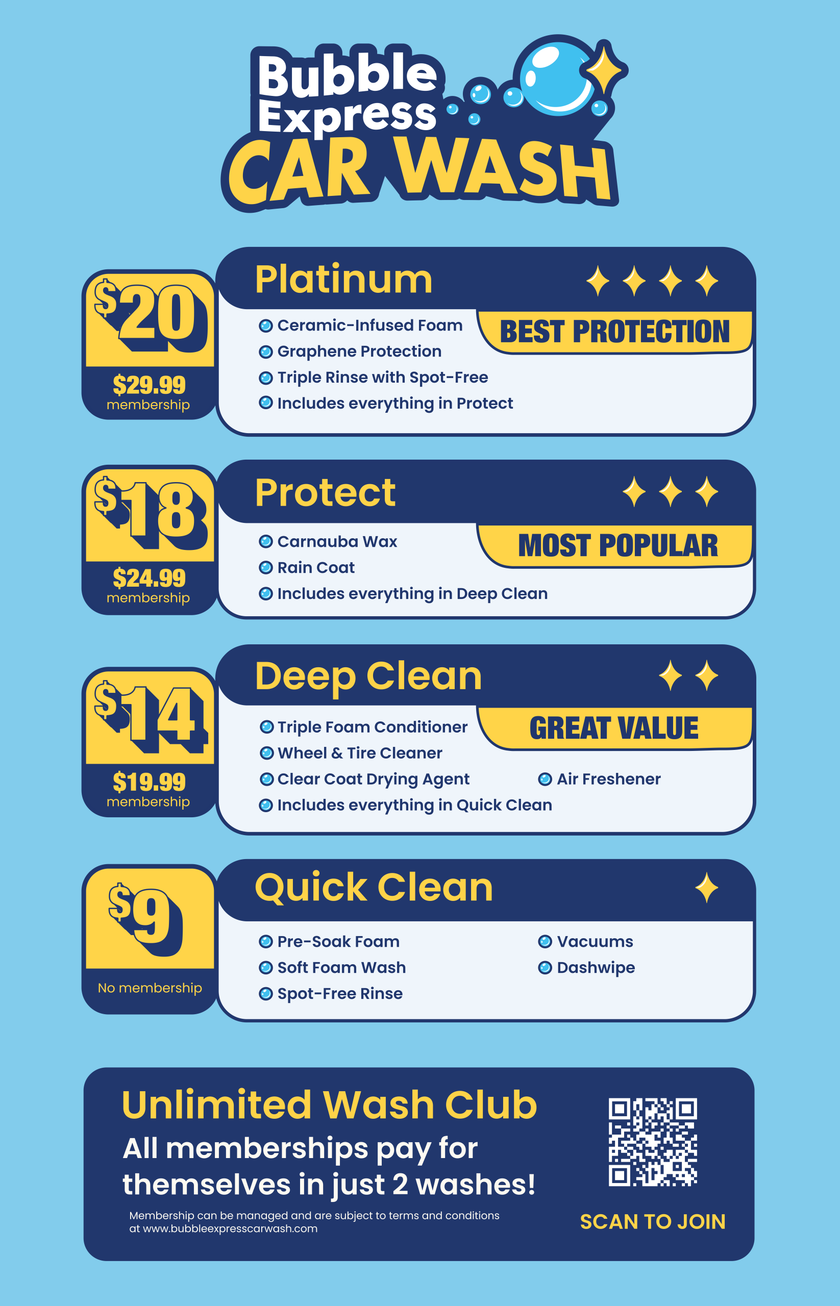 Bubble Express Car Wash menu and pricing